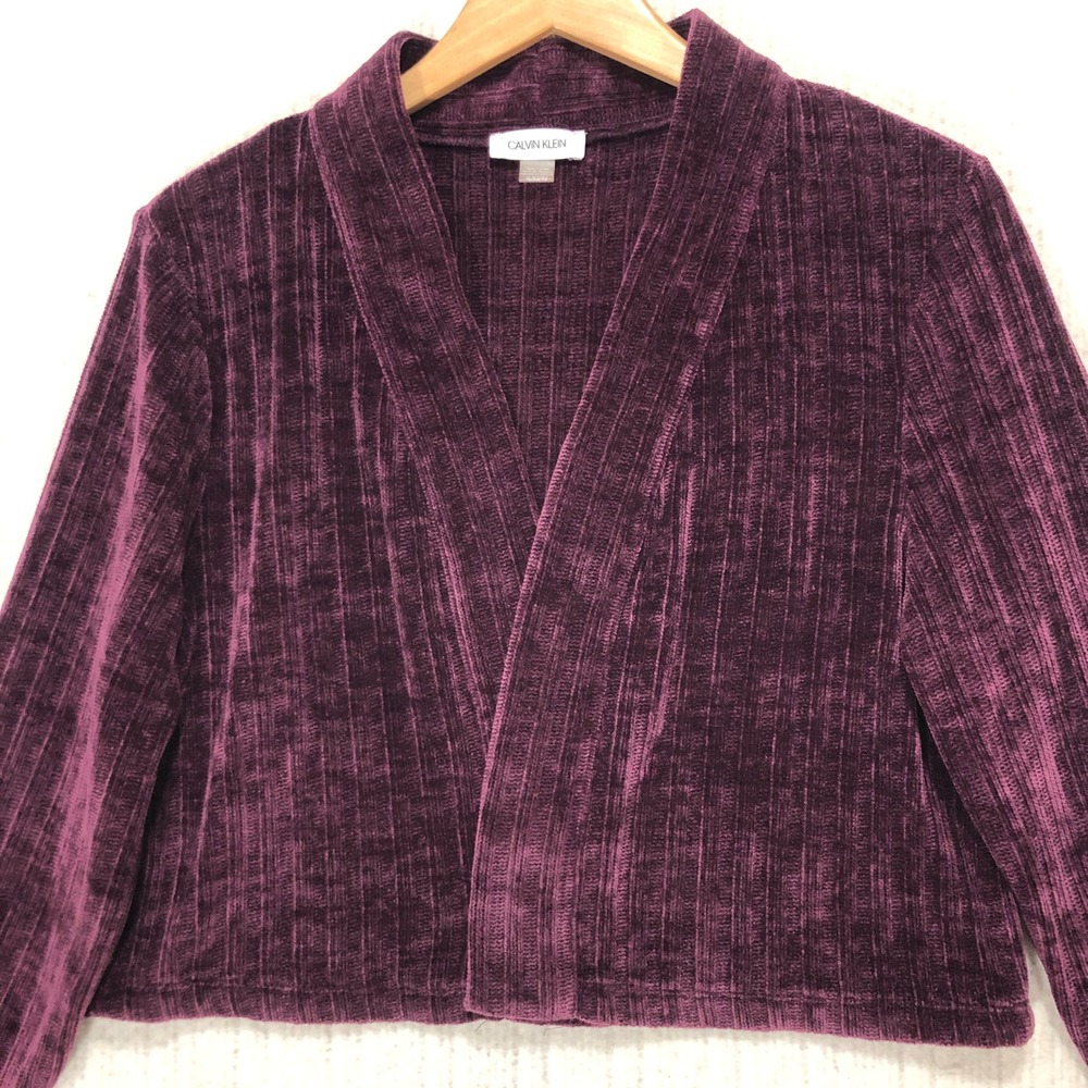 Calvin Klein Burgundy Ribbed Velour Open Front Cropped Cardigan Jacket XL‎